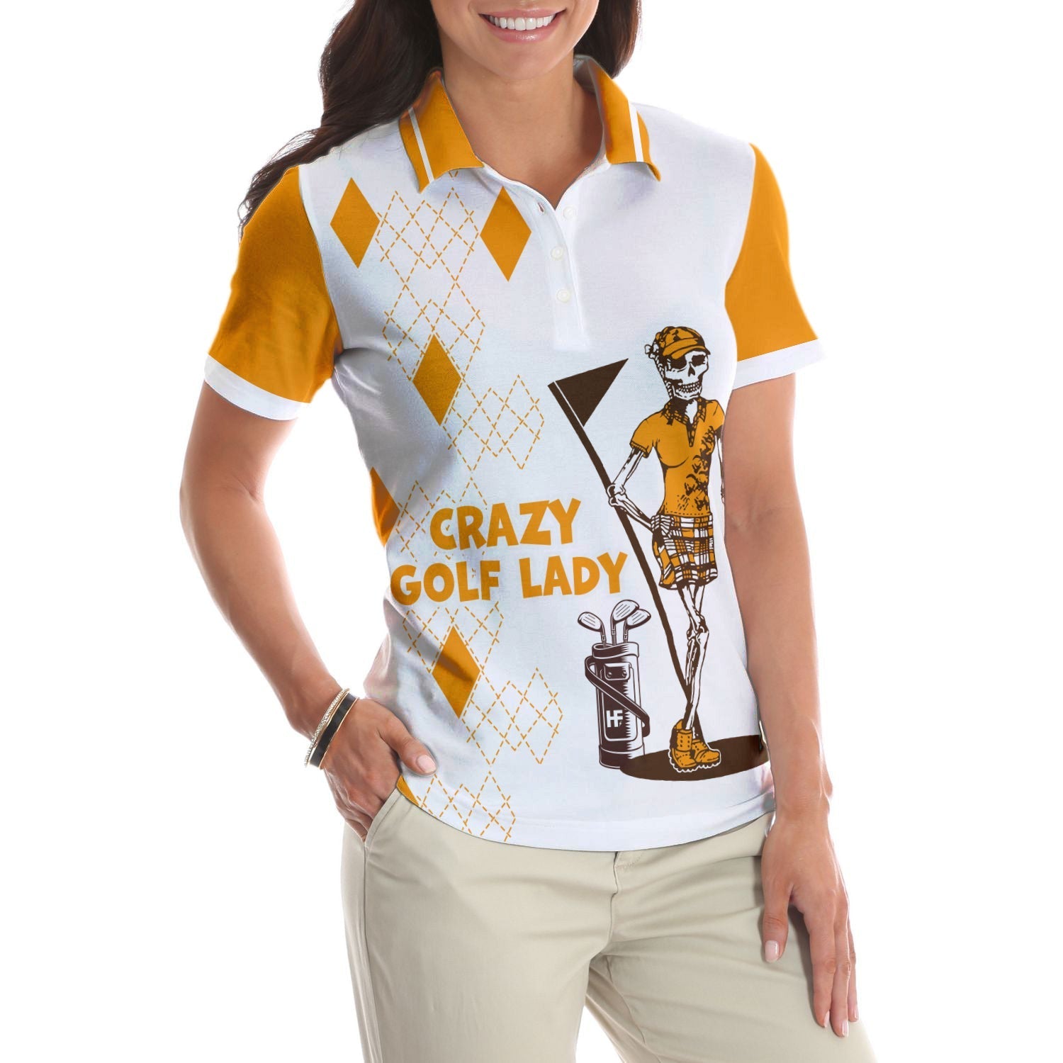 Crazy Golf Lady Short Sleeve Women Polo Shirt, White And Yellow Golf Shirt For Ladies, Funny Female Golf Gift Coolspod