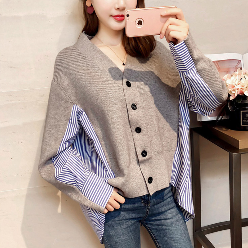 2021 spring and autumn Long Sleeve Striped Shirt stitched knitted cardigan women’s loose lazy style V-Neck Sweater thin coat alx