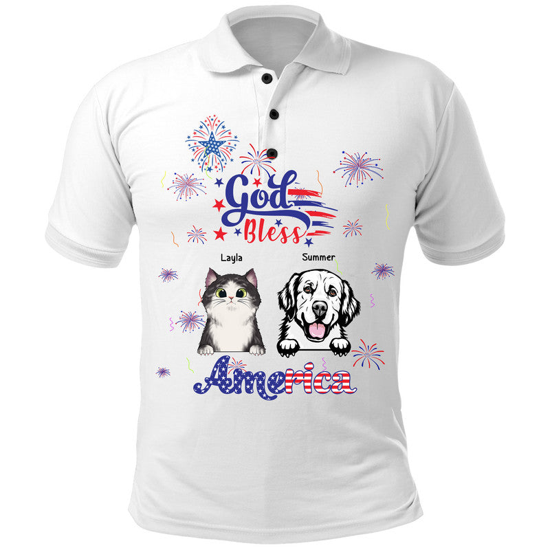 (Custom Personalised) 4Th Of July – God Bless Usa Polo Shirt Pets With Fireworks – White Lt8