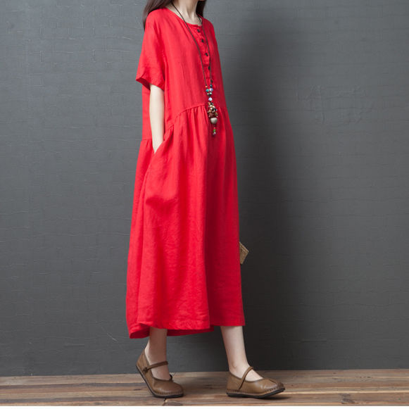 2022 Casual Sumer Women Dress Cotton Solid Color Pockets O-Neck Short Sleeve A-LINE Loose Waist Mid-Calf Dresses alx