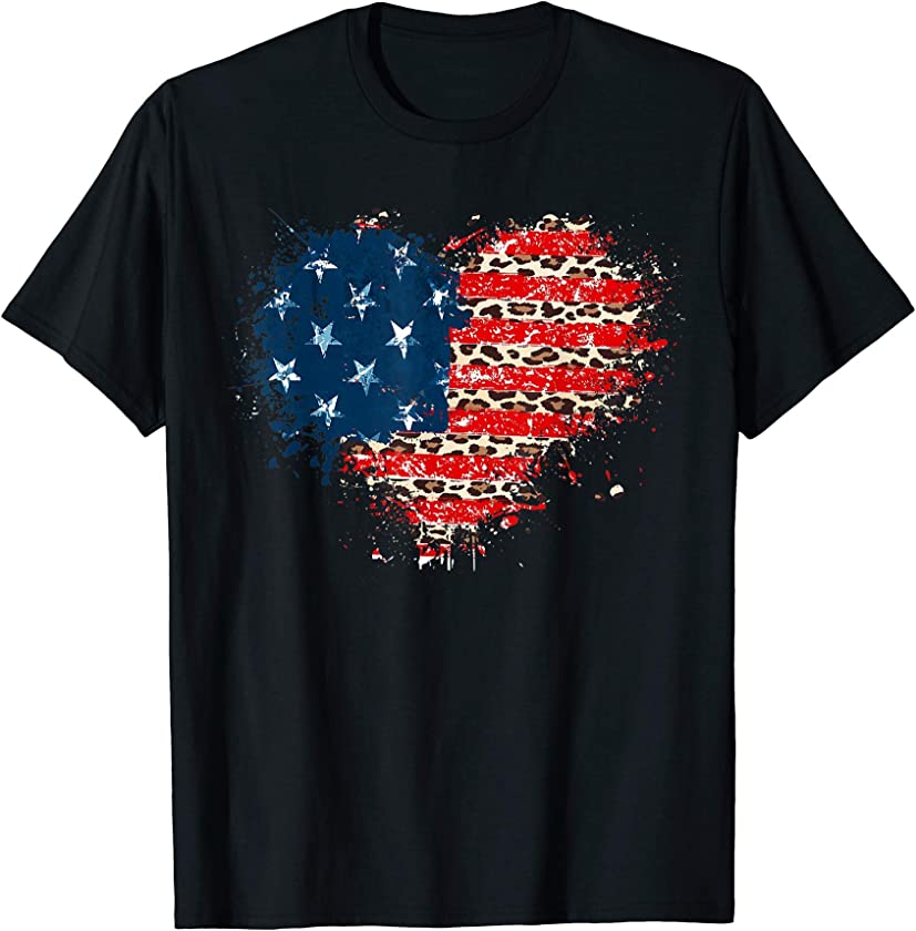 4th of July Cute Leopard Heart American Flag T-Shirt