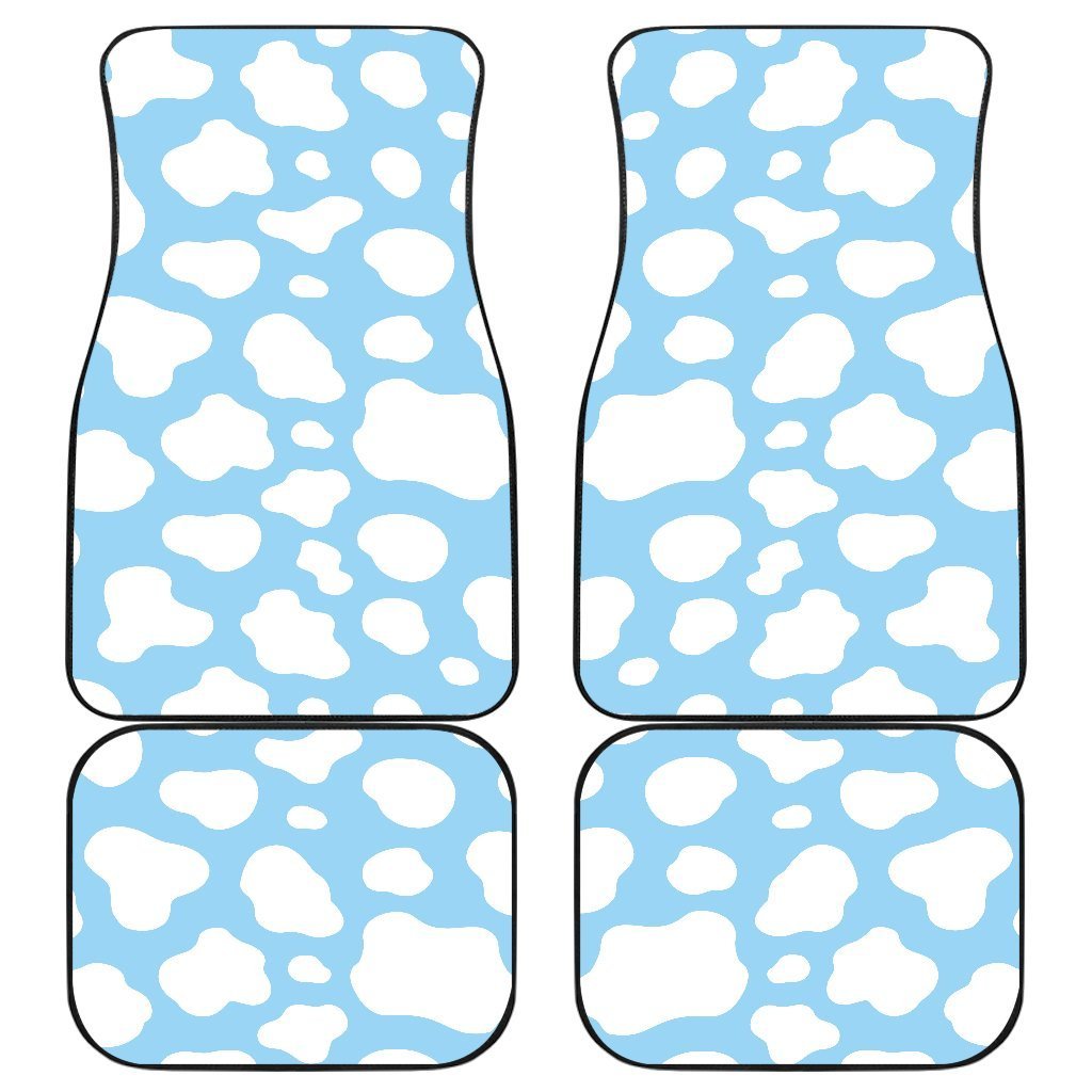 White And Blue Cow Print Front And Back Car Floor Mats, Front Car Mat