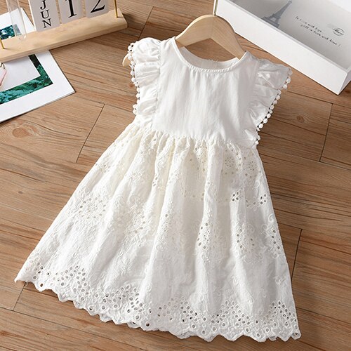 Baby Girls Princess Dress Cotton White Flying Sleeve Hollowed Casual Fashion Clothes Summer Kids Party Dresses alx