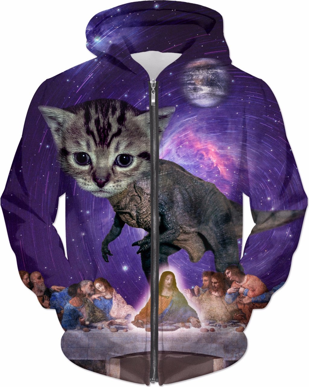 Cat T-Rex Defies Space-Time Continuum To Join Jesus At The Last Supper Zip-Up Hoodie