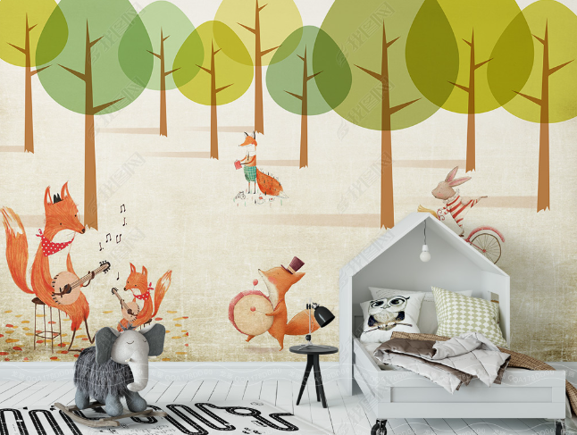 3D Cartoon Green Forest Animal Fox Wall Mural Wallpaper Lqh 158