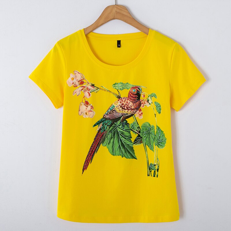 2022 summer new women’s hand-beaded short-sleeved round neck T-shirt flower branch bird slim top all-match casual shirt alx