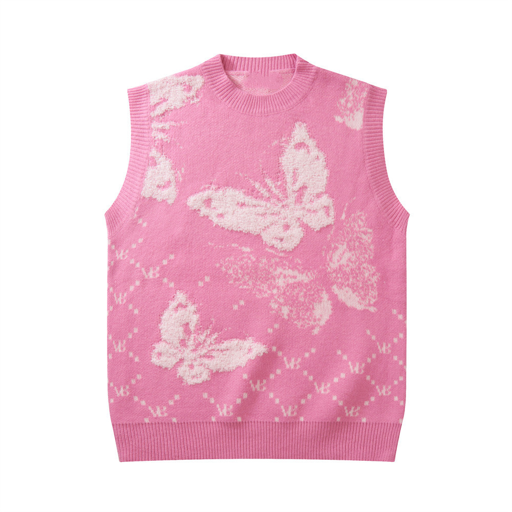 Sleeveless Knitting Sweaters Man Loose Oversize Butterfly Jacquard Vintage Casual O-Neck Tops alx