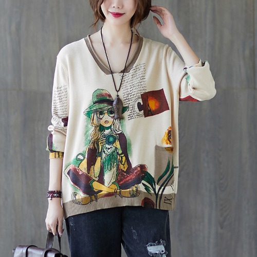 Women Spring Fall Fashion Vintage Long Sleeve Girl Cartoon Print High Quality Knit Sweater Office Lady V-Neck Loose Casual Tops alx