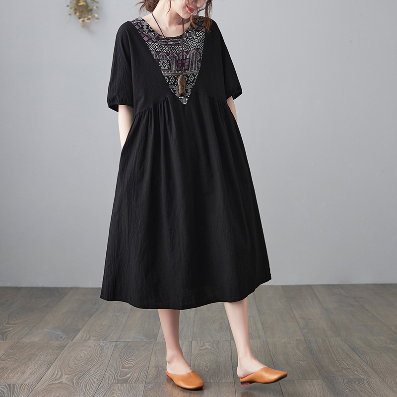 2022 New Arrival Short Sleeve Loose Summer Dress Cotton Linen Patchwork Vintage Dress Women Travel Casual Midi Dress alx