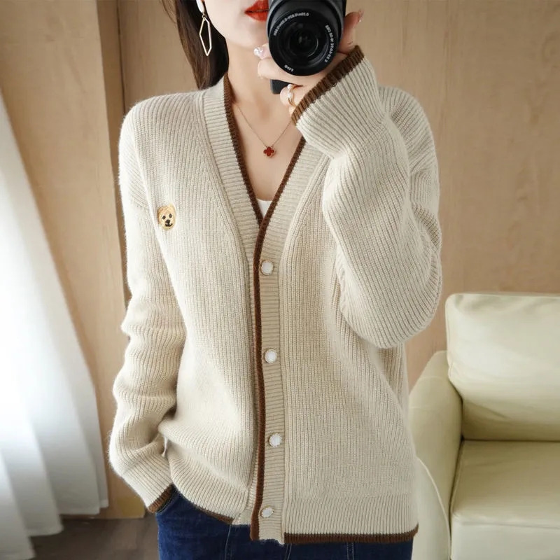 V-Neck Loose Short Long Sleeve Jacket Spring Autumn New Fashion Ladies Knit Cardigan Korean Style Solid Color Casual Cardigan alx