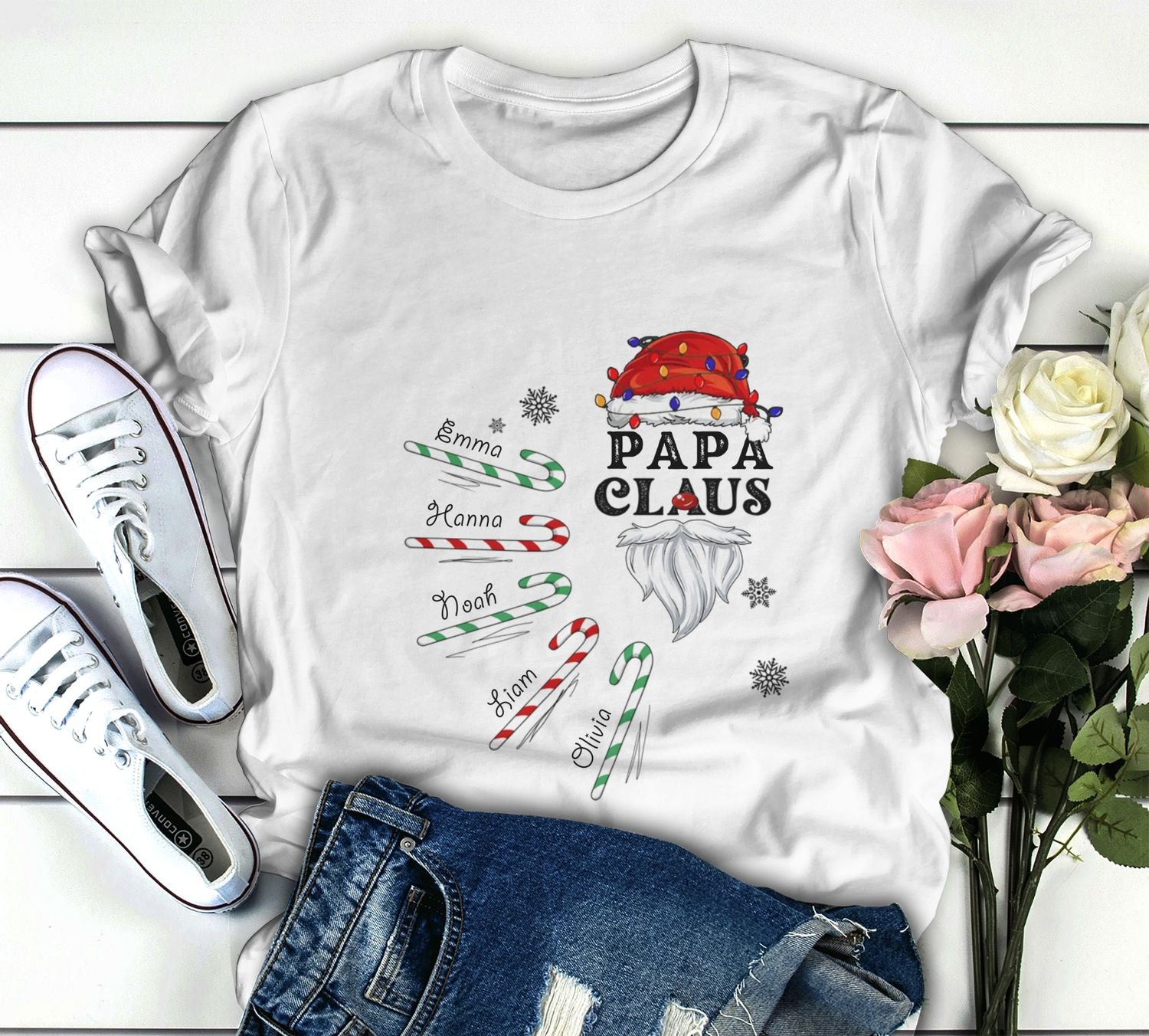 Personalized T-Shirt For Grandpa Grandma Claus Print Santa Claus & Candy Cane Custom Grandkids Name