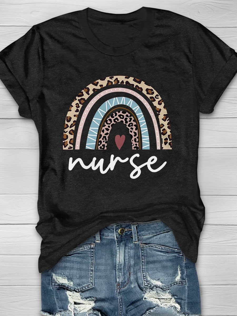 Nurse With Leopard Rainbow T-Shirt Hoodies Long Sleeve Gifts For Young Girls