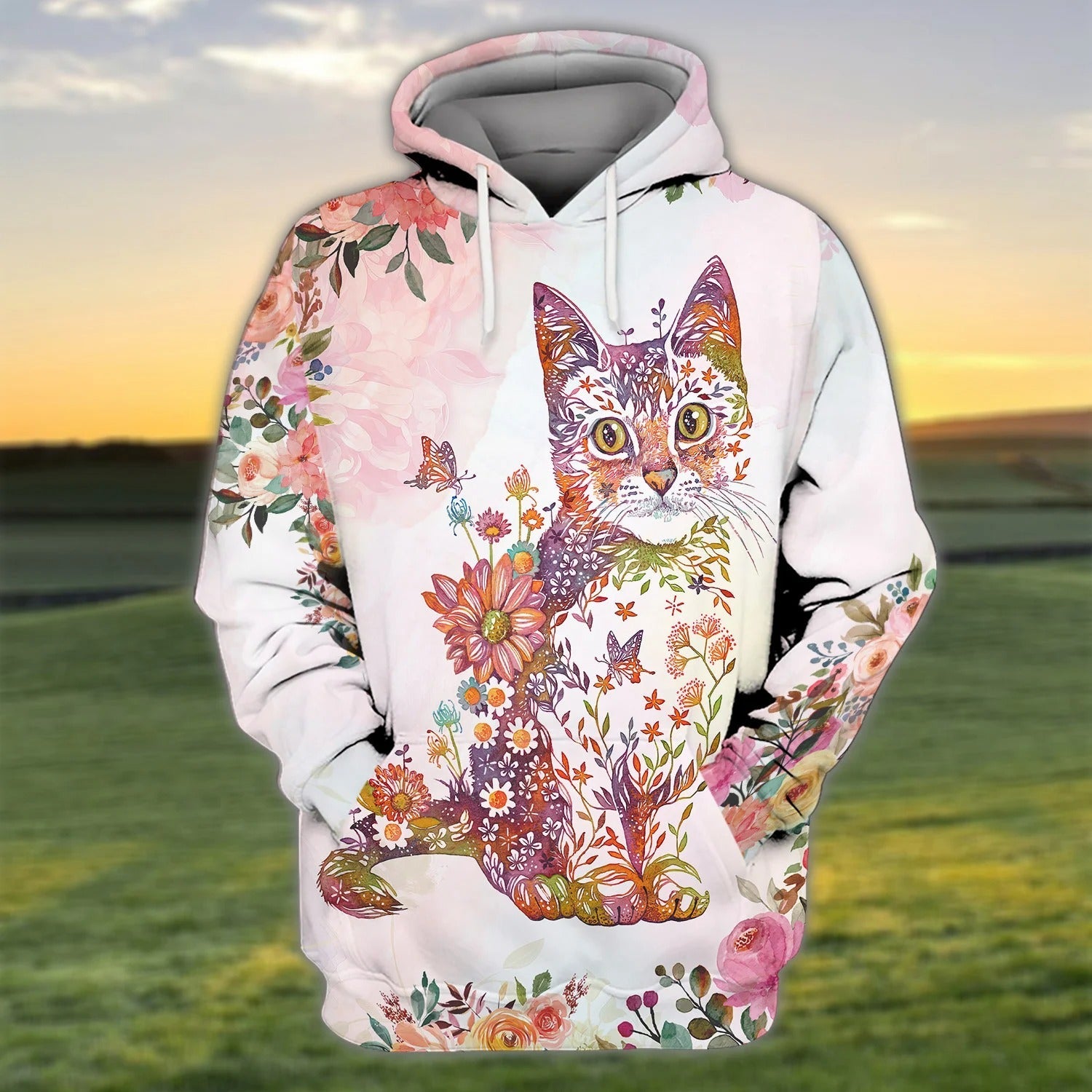 3D All Over Print Cat Hoodie With Flower Pattern, Cat Print On Shirt, Cat Lover Outfit