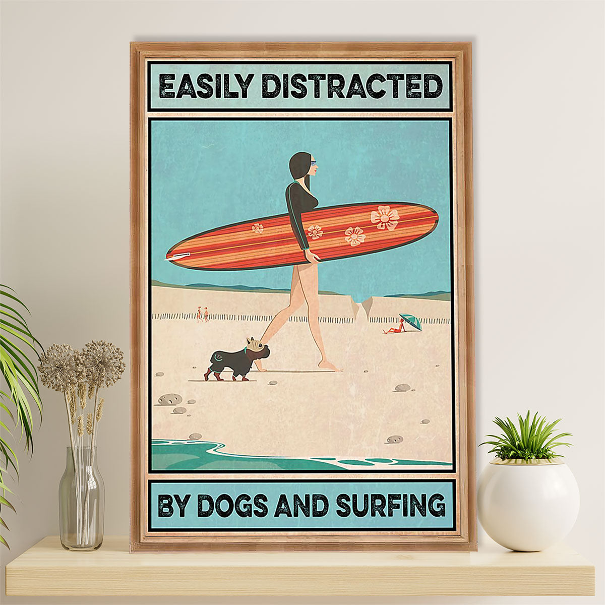 Water Surfing Canvas Wall Art Prints | Girl Distracted By Dogs & Surfing | Home Décor Gift For Beach Surfer