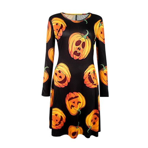 Skull Print Long Sleeve Dress Party Mini Dresses Women Halloween Pumpkin Woman Dress 2018 Spring
