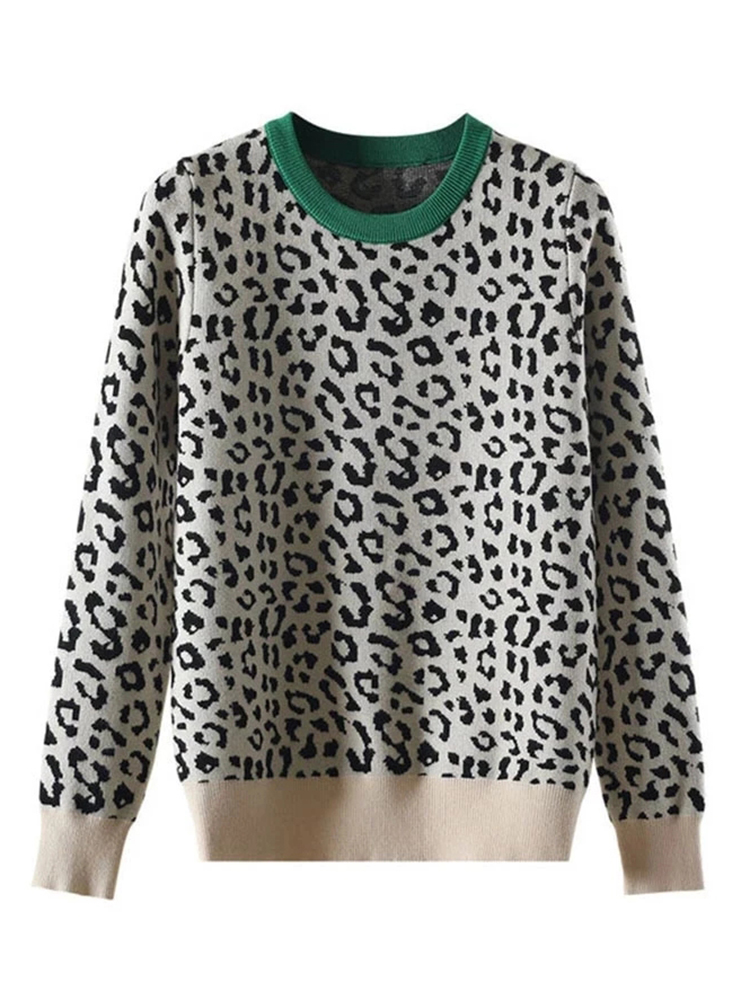 Autumn Winter Women Sweaters Leopard Knitted Pullovers Long Sleeve Contrast Color Crewneck Jumpers Sweter Mujer C- 026 alx