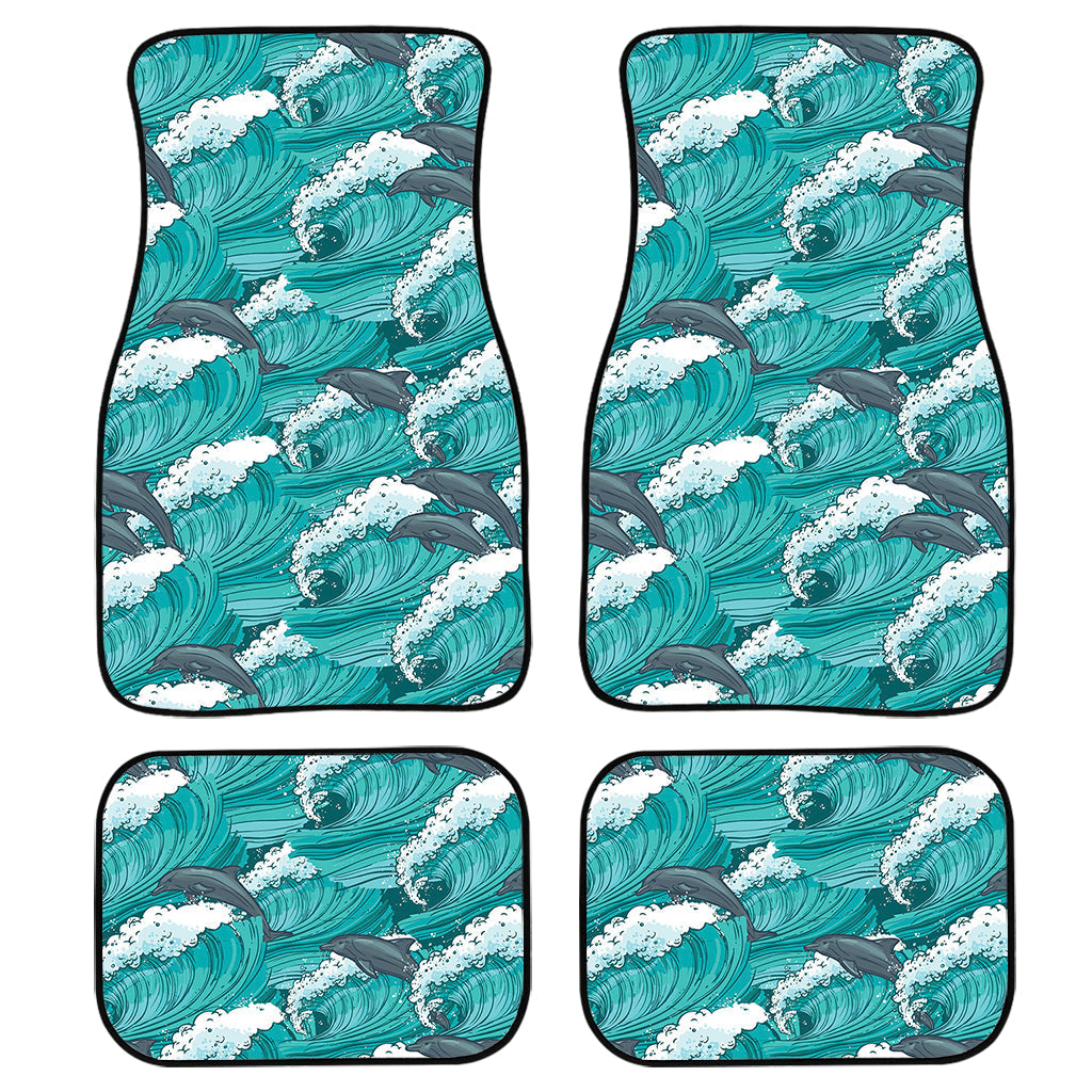 Dolphin Riding Waves Pattern Print Front And Back Car Floor Mats, Front Car Mat