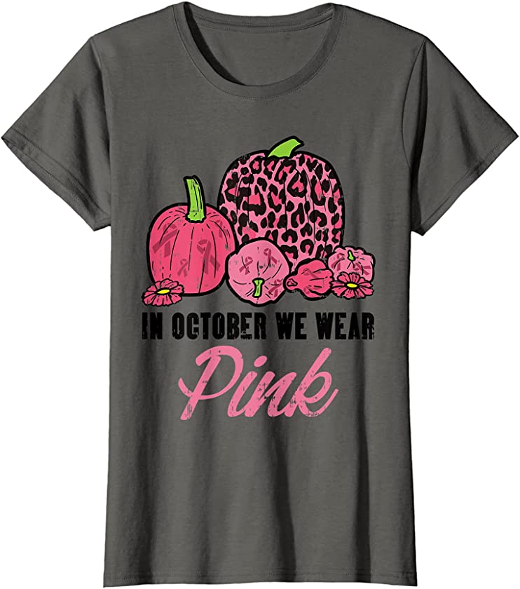 Womens In October Wear Pink Leopard Pumpkin Breast Cancer Halloween T-Shirt