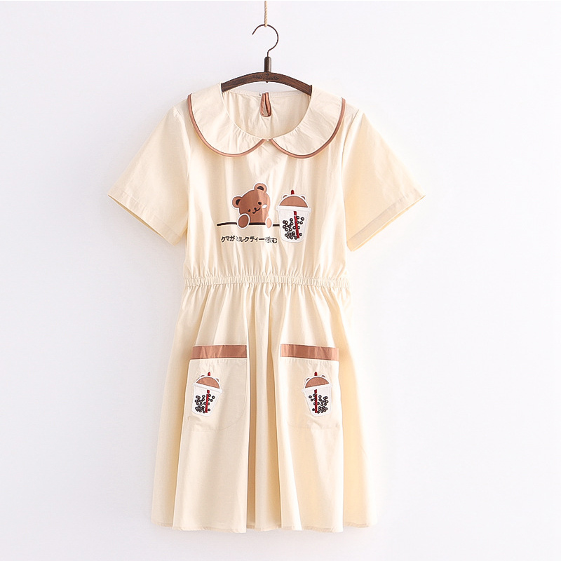 Summer School Of Japanese Cartoon Bear Embroidery Dress Women Peter Pan Collar Short-sleeved Female Kawaii Mori Girl Dress U399 alx