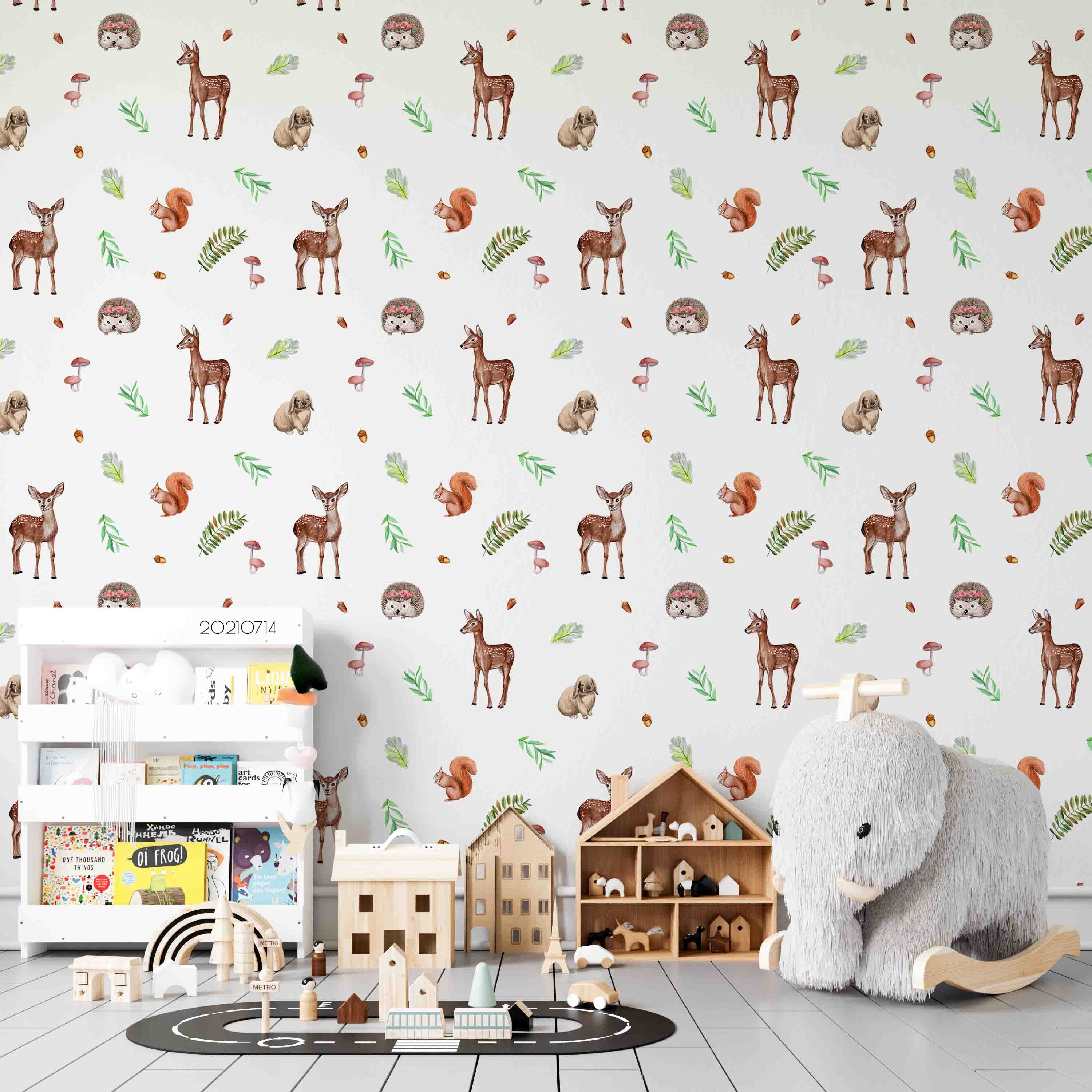 3D Hand Drawn Animal Deer Hedgehog Mushroom Wall Mural Wallpaper Lqh 210