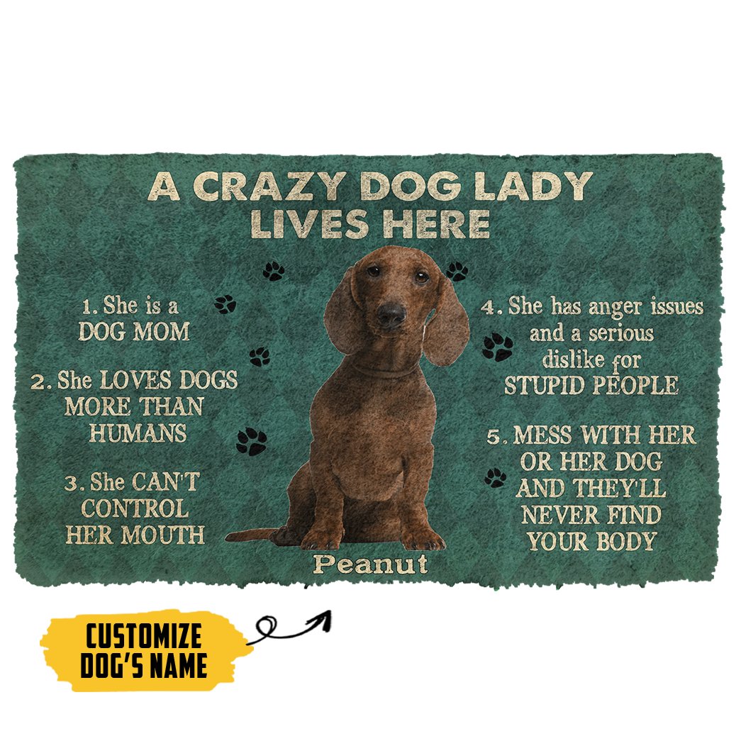 Gearhumans 3D A Crazy Dog Lady Lives Here Brown Dachshund Custom Name Doormat