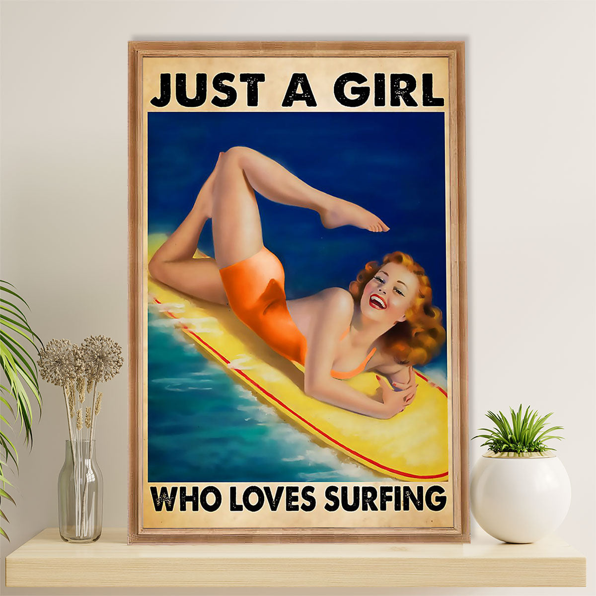 Water Surfing Canvas Wall Art Prints | Girl Loves Surfing | Home Décor Gift For Beach Surfer