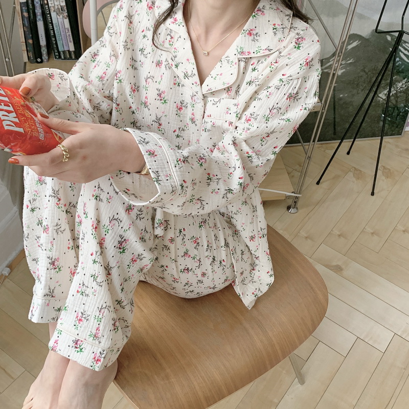 Vintage Floral Print Soft Gauze Pajama Set Long Sleeve Breathable Women Sleepwear Casual Home Clothes Pants Pyjamas Autumn S083 alx