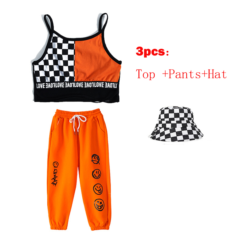 Children Jazz Dance Costumes For Girls Orange Vest Hiphop Pants Outfits Modern Dance Hip Hop Clothes Street Dance Wear DQS6836 alx