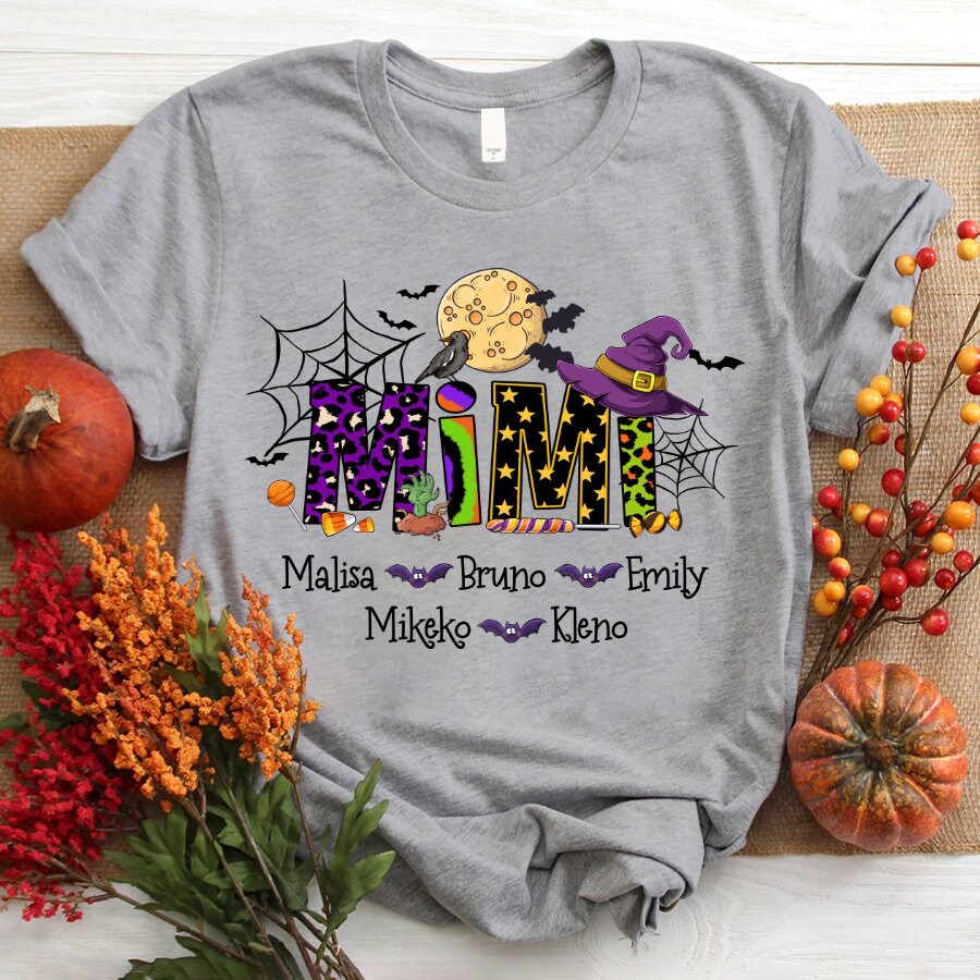 Personalized Mimi Halloween Shirt, Custom Nickname Nana Mimi Tee with Kidnames, Leopard Mimi Halloween Shirt, Spooky Halloween Shirt