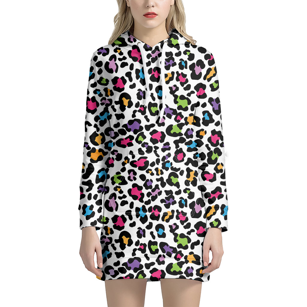 White And Rainbow Leopard Print Women’S Pullover Hoodie Dress