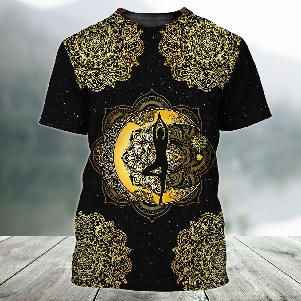 Moon Girl Meditation Mandala 3D Tshirt, Black Unisex Hippie Shirt