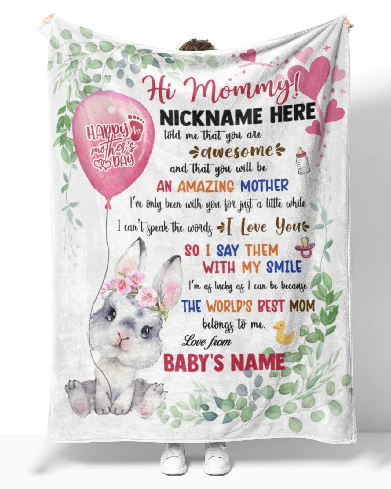 Personalized Printed Blanket Little Bunny With Pink Balloon – Mothers Day Gift, Baby Bunny Blanket, 1St Mothers Day Blanket