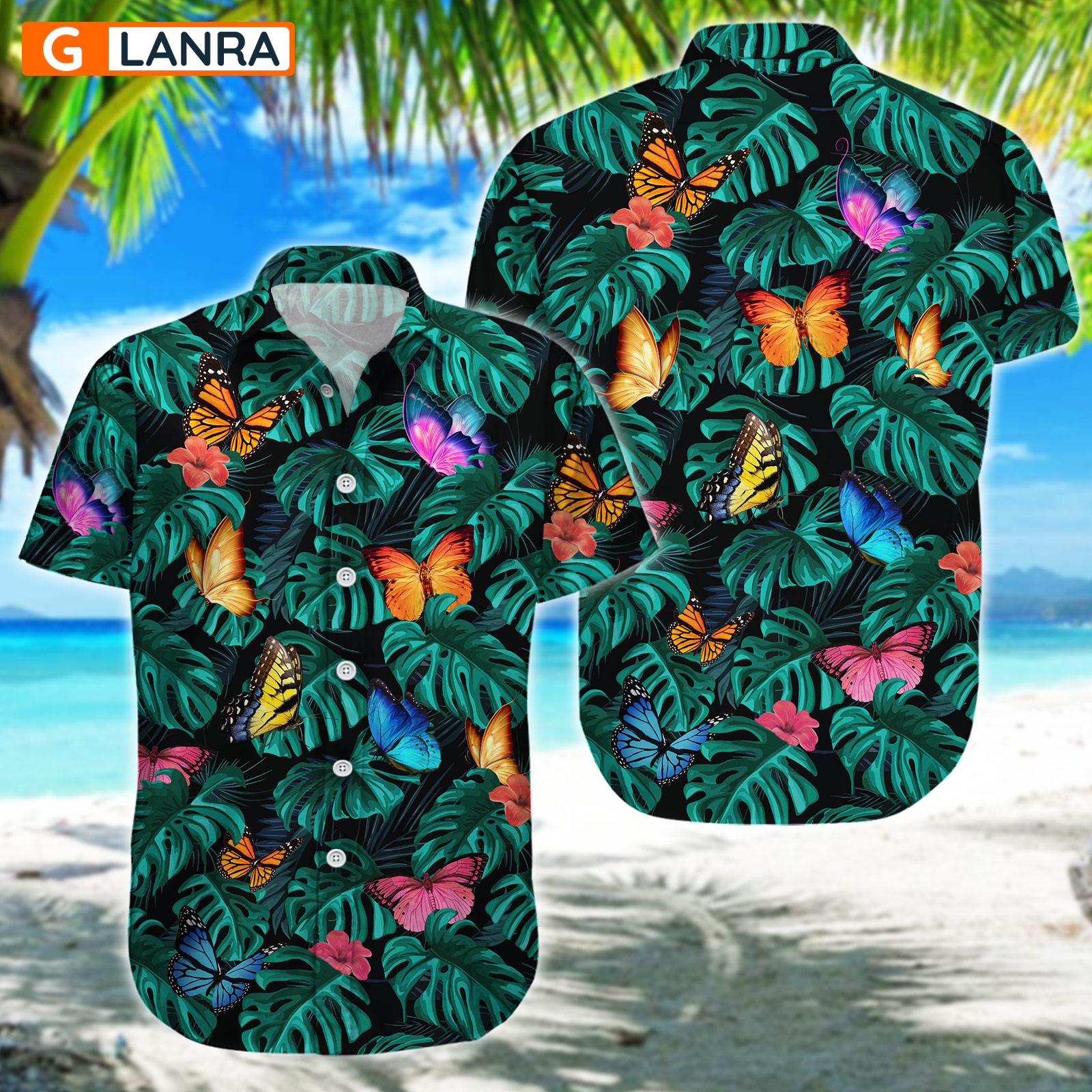 Butterfly Palm Leaves Flower Button Shirt, Butterfly Button Shirt, Summer Butterfly Hawaiian Shirt, Butterfly Leaf Shirt, Summer Tropical Shirt