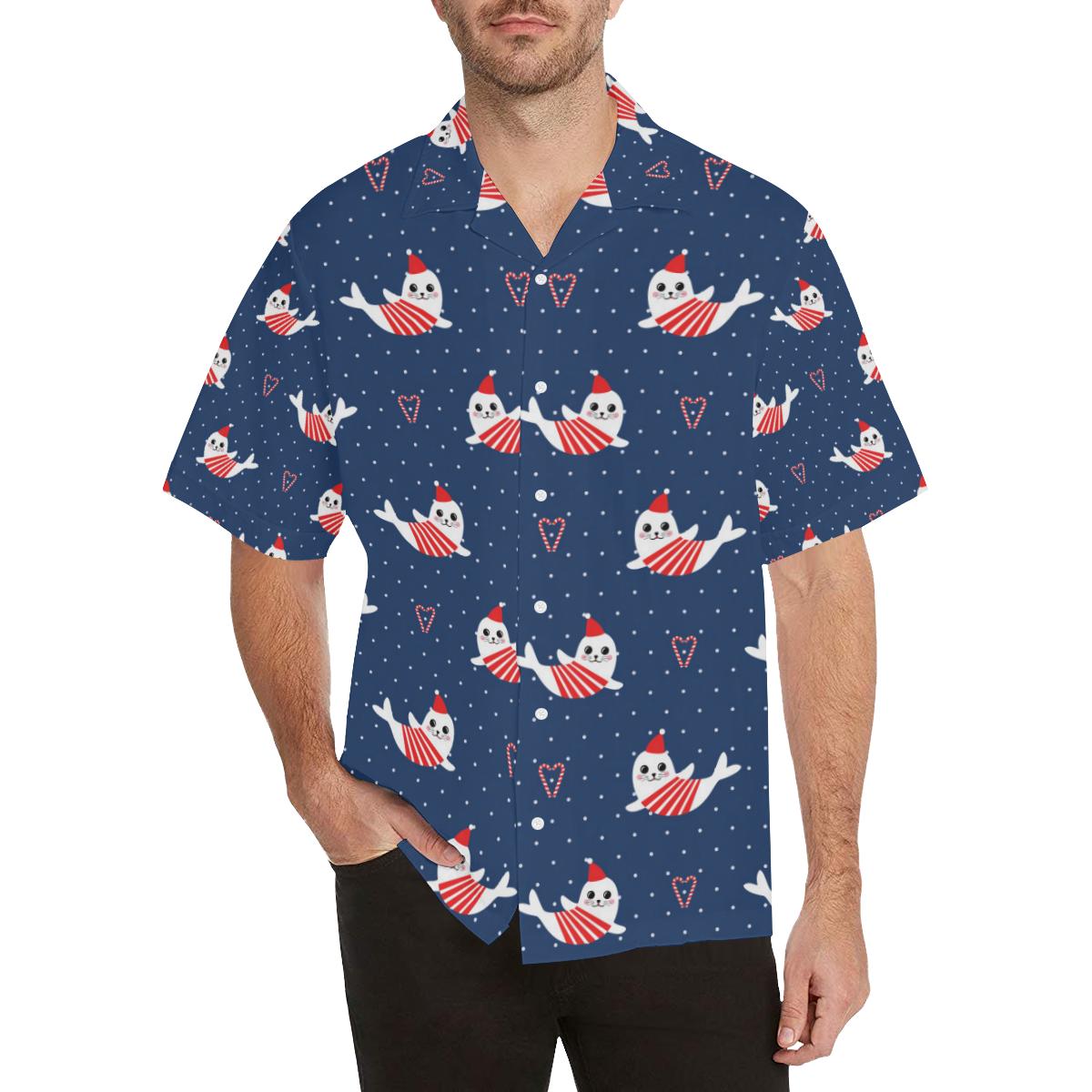 Cute sea lion seal christmas hat candy cane heart Men’s All Over Print Hawaiian Shirt