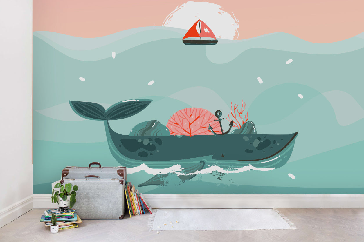 3D Cartoon Whale Ocean Boat Wall Mural Wallpaper Sww  305