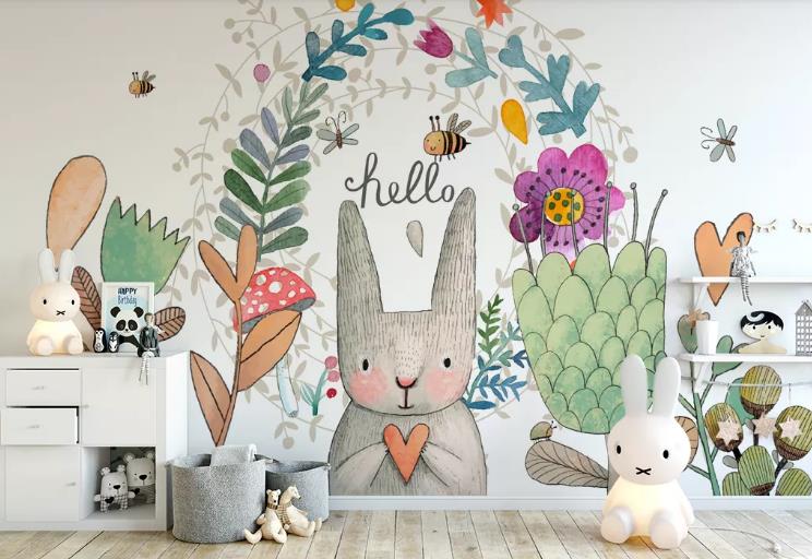 3D Cartoon Animal Bunny Floral Wall Mural Wallpaper Lqh 266