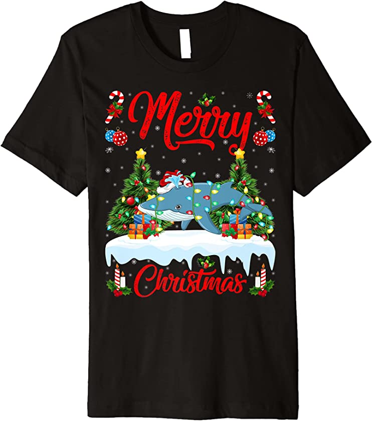 Whale Fish Lights Xmas Tree Santa Whale Christmas Premium T-Shirt