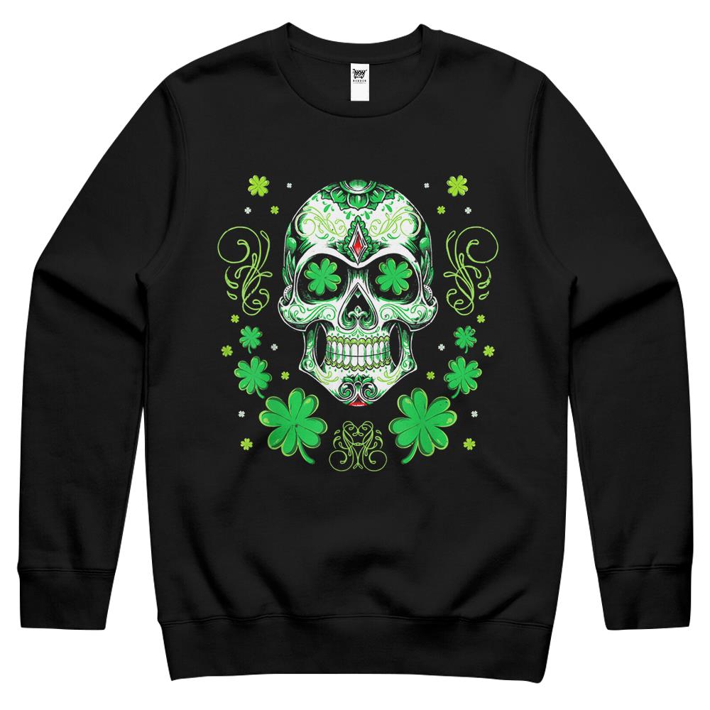 Sugar Skull Shamrock With Leopard Turban St. Patrick’S Day Crewneck Sweatshirt