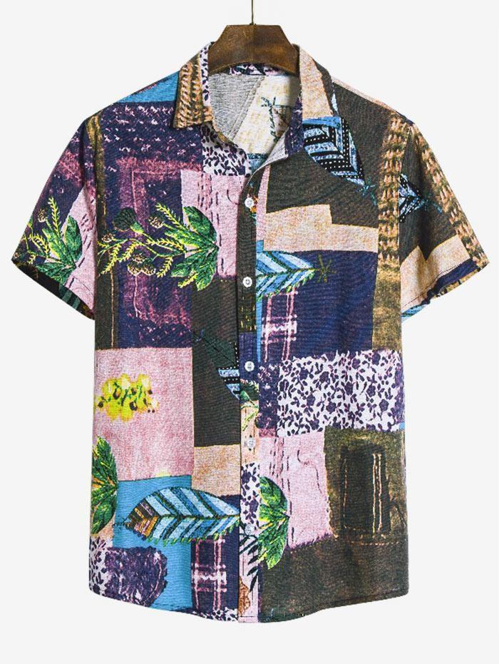Men’S Vintage Plant Splicing Print Casual Short Sleeve Shirt