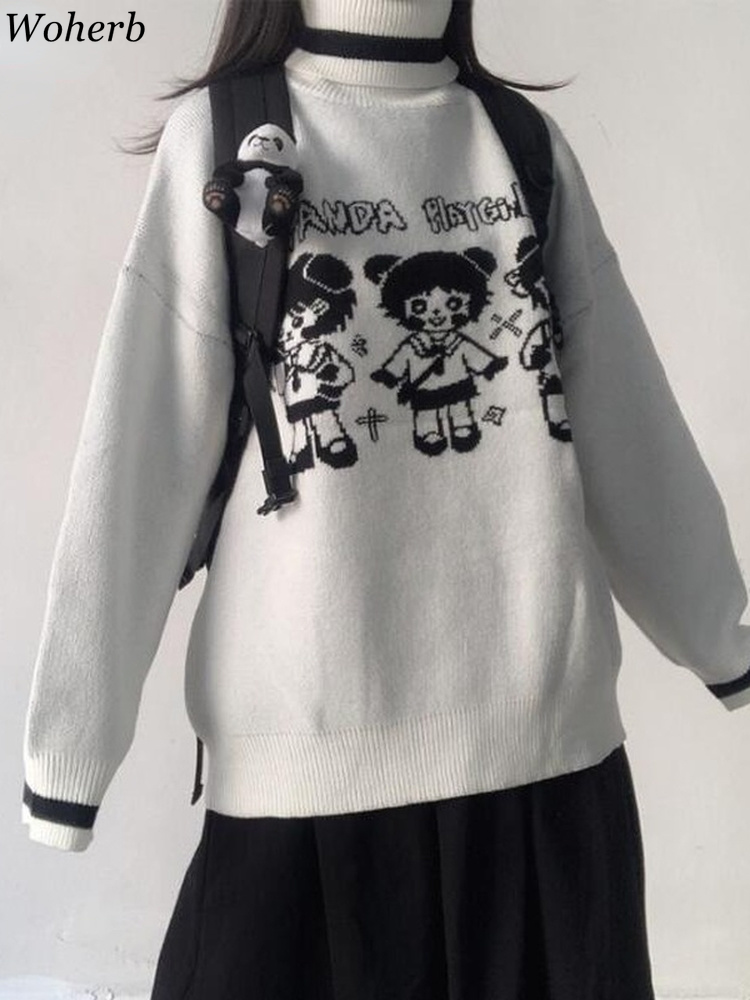 Woherb Cartoon Girl Sweater Female 2022 Korean Harajuku Women Pullover Japanese Kawaii Cute Ulzzang Y2k Clothes Sweet Jumper alx