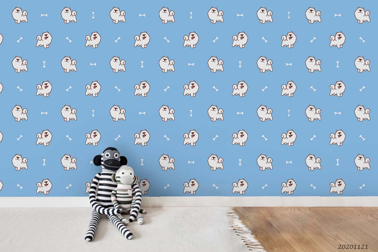 3D Cartoon Hand Drawn Samoyed Dog Animal Pattern Blue Wall Mural Wallpaper Lxl