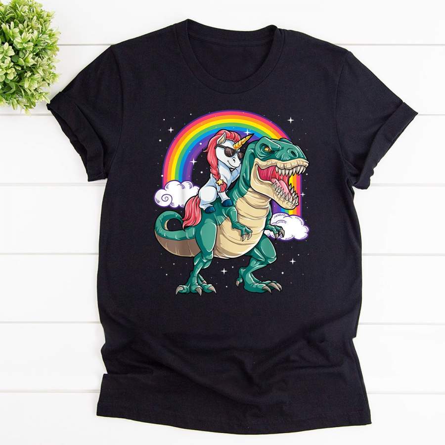 Unicorn riding t rex shirt dinosaur black cotton t shirt for men and women S-6XL