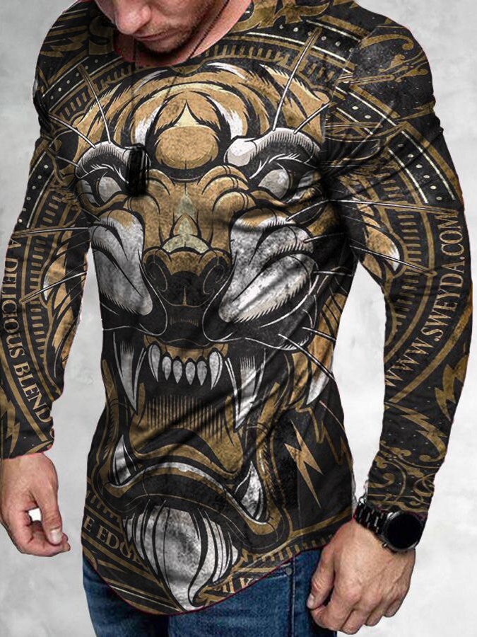 Black Crew Neck Cotton Tiger Printed Casual Shirts & Tops