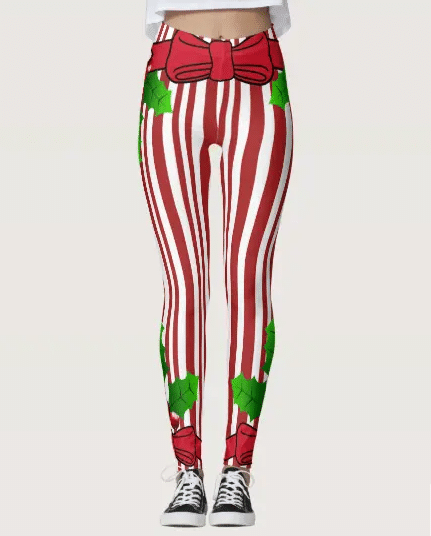 Christmas Leggings, Bow & Holly Candy Cane Legging For Sports, Yoga, Workout Fitness, Women Gift