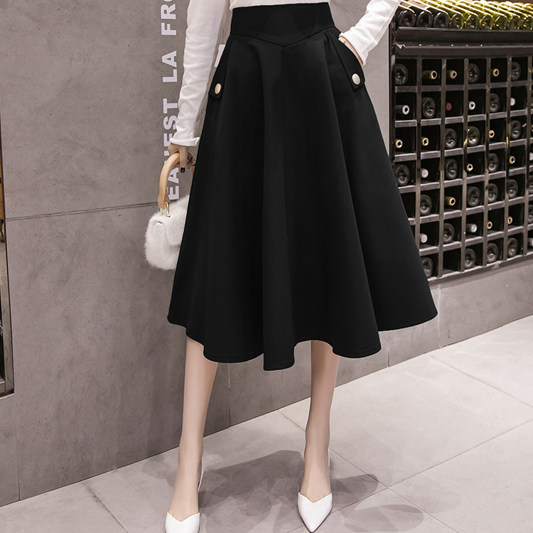 2021 Spring Skirts Womens High Waist A Line Big Swing Midi Skirt Korean Pockets Office Lady Elegant Women Skirt Jupe Femme Falda alx