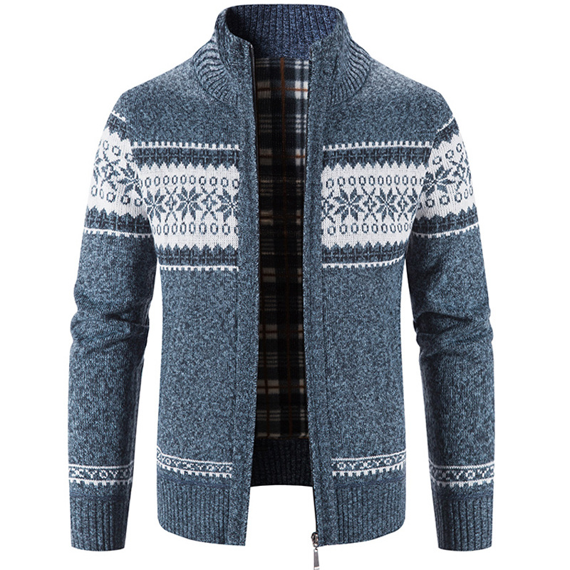 Casual Men’s Loose Sweater Autumn And Winter Coat Stand Collar Color Matching Printed Cardigan alx