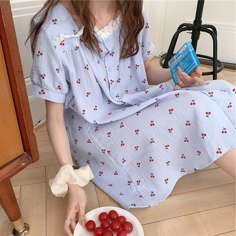 2021 Summer New Cotton Gauze Nightgown Women Lace Sleeping Dress Female Nightdress Short Sleeve Home Wear Lady Sleepwear alx