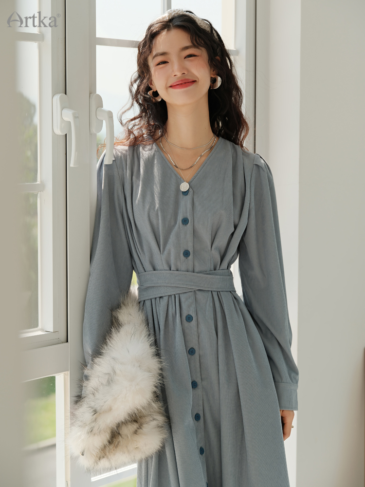 ARTKA 2022 Autumn New Women Dress French Elegant V-Neck Single-breasted Dresses Long Puff Sleeve Midi Dress With Belt LA92133Q alx