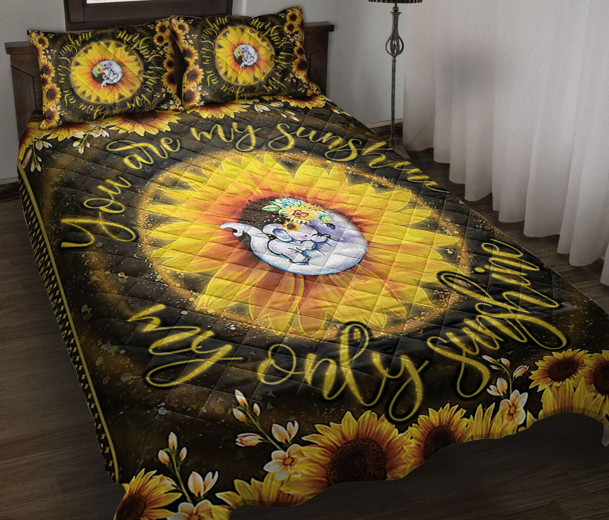 Elephant Quilt Set, Elephant Sunflower You Are My Sunshine Floral Dolphin Quilt Blanket With Pillowcases, Quilt Bedding Set