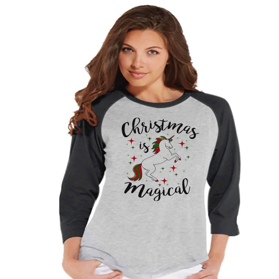 Women’s Unicorn Shirt – Christmas is Magical – Merry Christmas Unicorn T-shirt – Womens Grey Raglan – Xmas Unicorn – Gift for Her – Stars